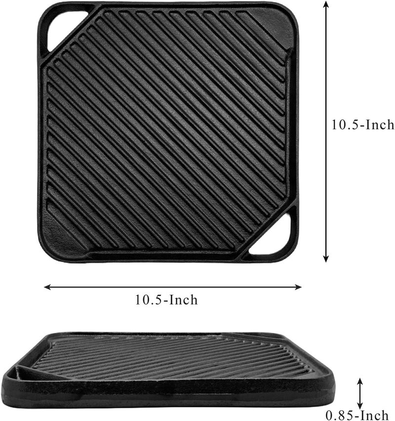 Brightalk Cast Iron Reversible Grill/Griddle, 10.5-Inch Double Handled Cast Iron Stovetop Grill/Griddle - Image 2